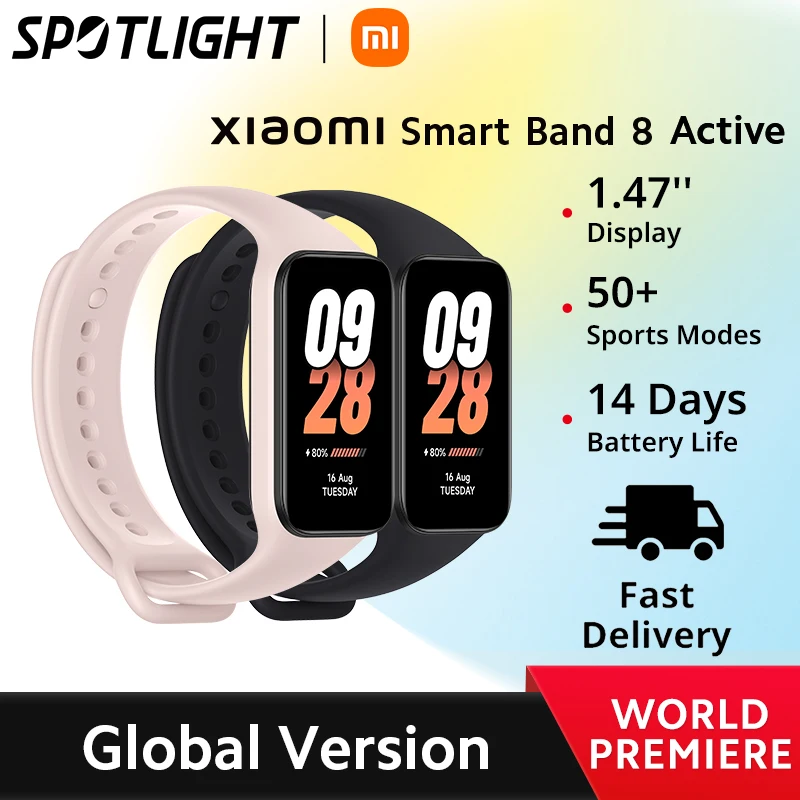 [Estreno mundial] Versión global Xiaomi Smart Band 8 activa Pantalla  de 1,47 "Monitor de ritmo cardíaco resistente al agua 5ATM Más de 50 modos deportivos