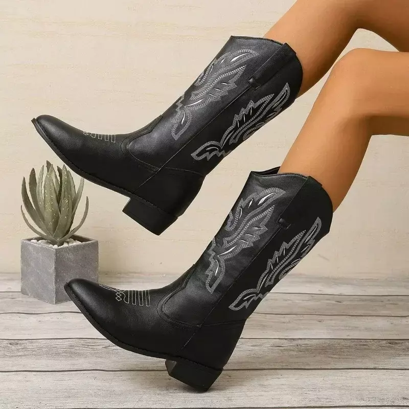 Women's Shoes on Sale 2023 Brand Slip-on Women's Boots Retro Mid-Calf Boots Women Embroidery Pointed Toe Square Heel Shoes Women