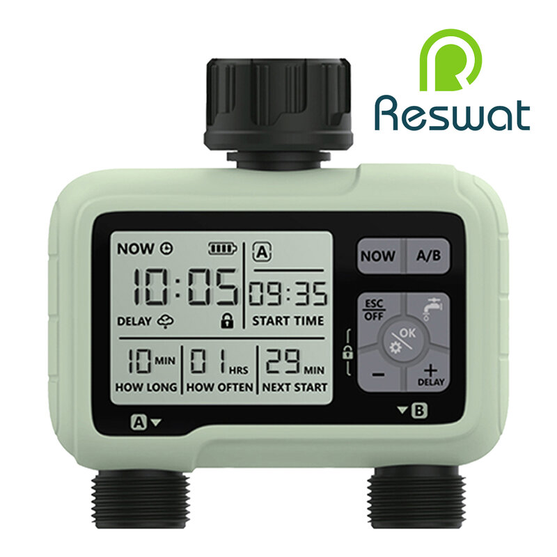 Reswat-HCT-326 Super Timing 2-Outlet Water Timer, precede a rega, irrigação automática ao ar livre, programa totalmente ajustável