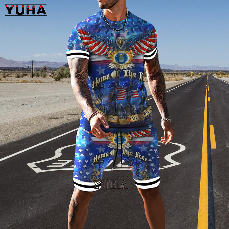 YUHA-Camiseta con estampado 3D para hombre, ropa de calle Vintage, camiseta de alta calidad, pantalones cortos de verano, conjunto de dos piezas, chándal de gran tamaño Cl
