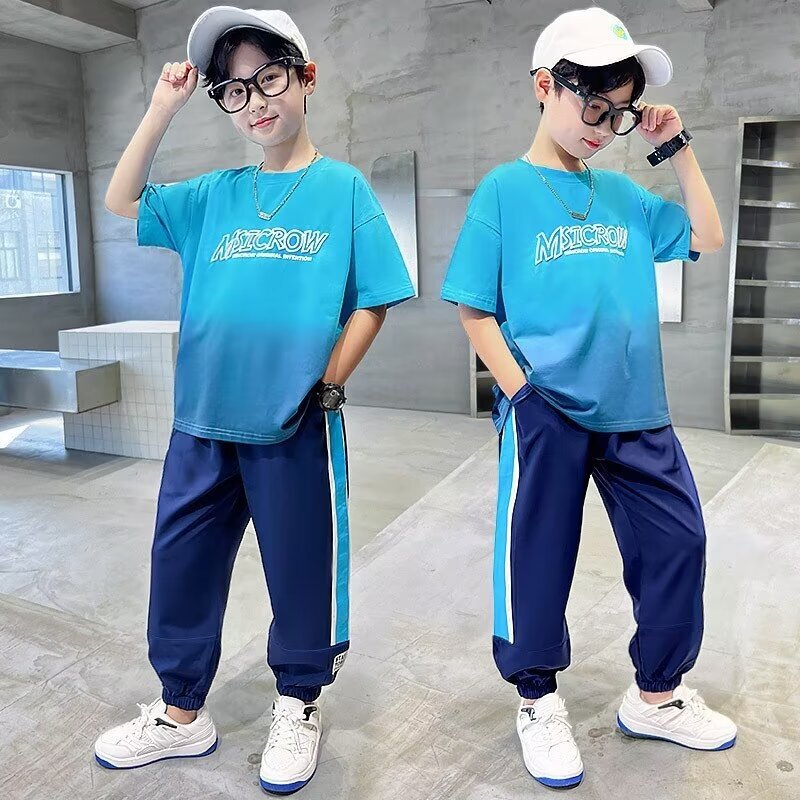 Setelan celana olahraga anak laki-laki dan perempuan, Kaus musim panas mode jalanan raya Korea bersirkulasi 2 potong Set kualitas tinggi