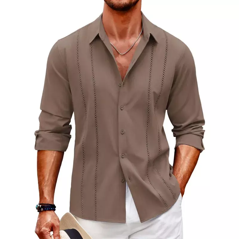 Chemise en lin à manches longues pour hommes, simple, décontractée, dentelle, transfrontalier, plage, bouton, monochrome, grande taille, nouveau