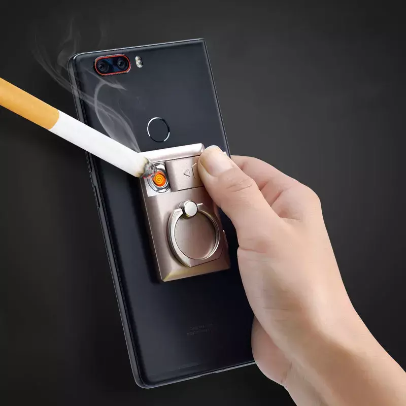 Multifunction USB Cigarette Lighter Reusable Phone Finger Ring Lighter 3M Sticker Rechargeable Creative Cell Phone Stand Bracket