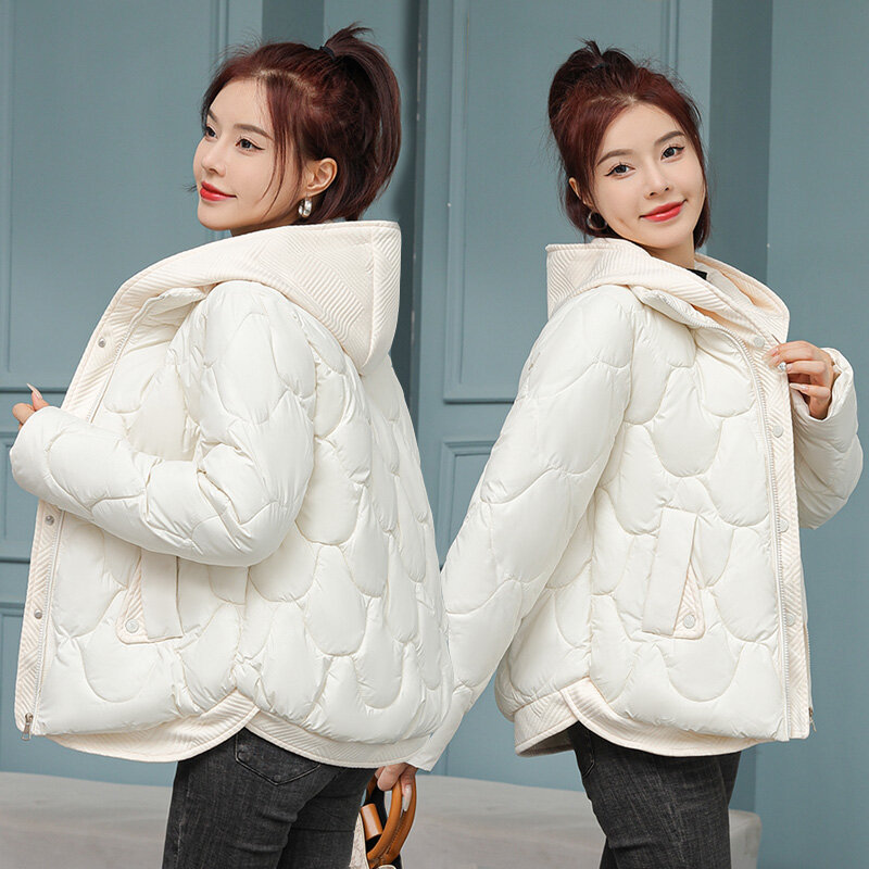 Parkas femininas com capuz curto, casaco frio, estilo coreano, duas peças falsas, nova moda, 2023