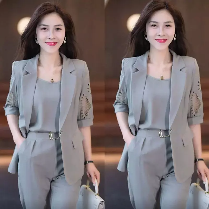 Autumn New Vintage Hollow Short Sleeve Jacket with Tank Top Casual Pants Three Piece Elegant Women's Pants Suit Office Set Style