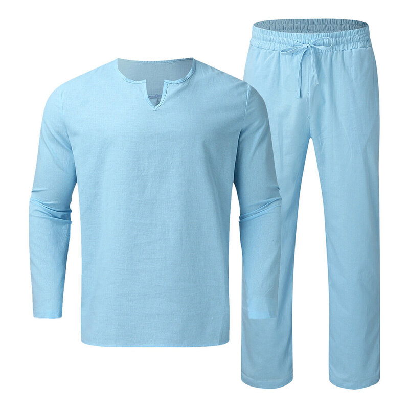 Breathe Easy in This Men's Cotton Linen 2 Piece Set Long Sleeve Henley Shirt and Beach Pants (White/Black/Blue)