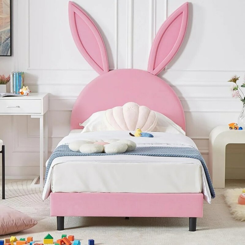어린이 싱글 침대 프레임, 패딩 머리판, 12 평면 지지대, 핑크 소녀 공주 침대, 어린이 침대
