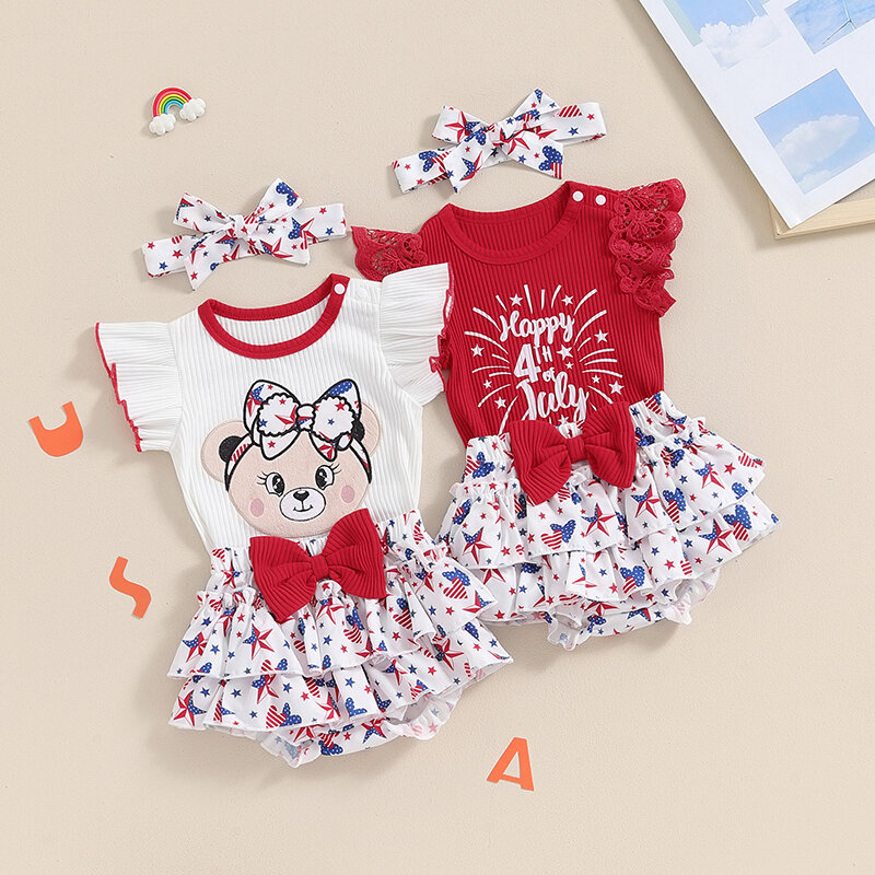 Criança Baby Girl Star impressão Fly manga Top Set, urso bordado, bainha em camadas, shorts, Headband, roupas de verão