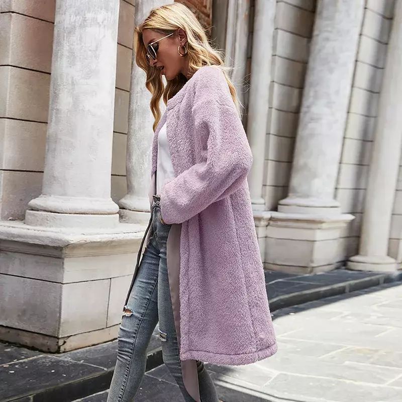 Purple Furry Blends Woolen Coats Women O-Neck Bow Bandage Long Cardigans Autumn Winter Solid Colors Loose Casual Fleece Clothing