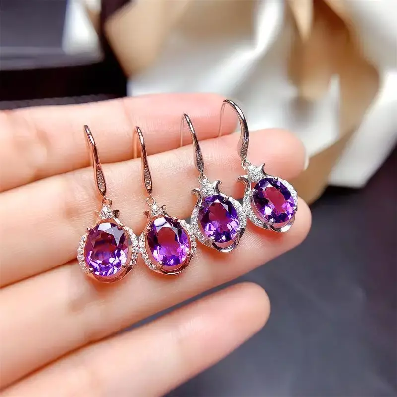 Mencheese  Natural Amethyst Eardrops Deep Mysterious Purple Completely Pure S925 Silver Delicate Mosaic Ear Rings