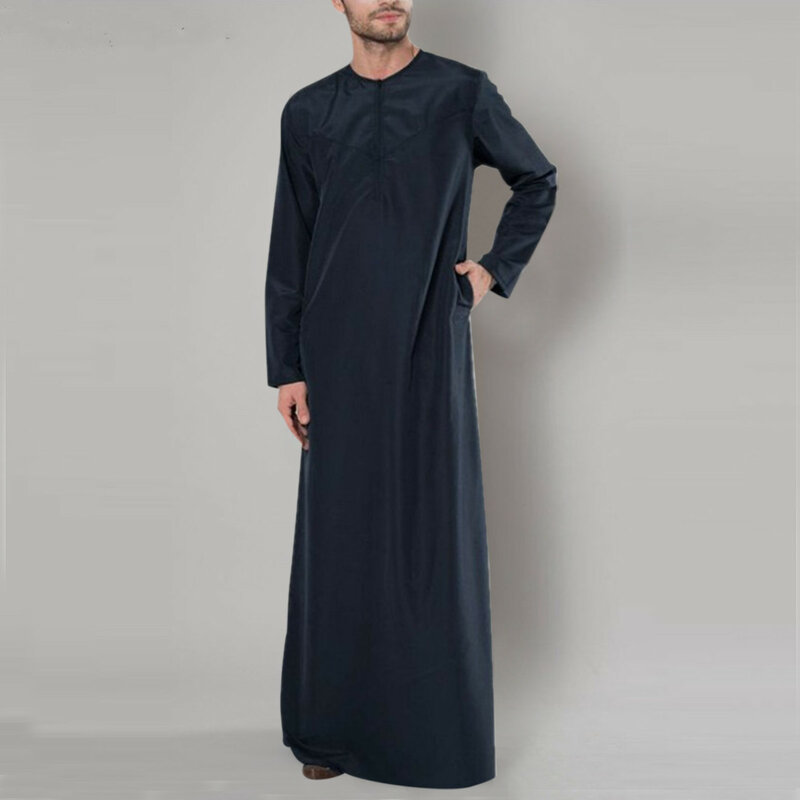 男性用長袖カフタン,ジュバ服,祈りのドレス,無地,ジッパー付きシャツ
