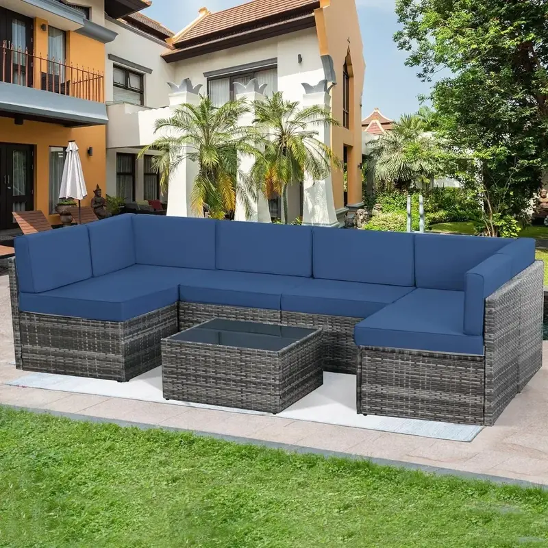 Garden Sofas Rattan Wicker Furniture, Outdoor Sectional Furniture Chair Set with Cushions and Tea Table, Grey Garden Sofas