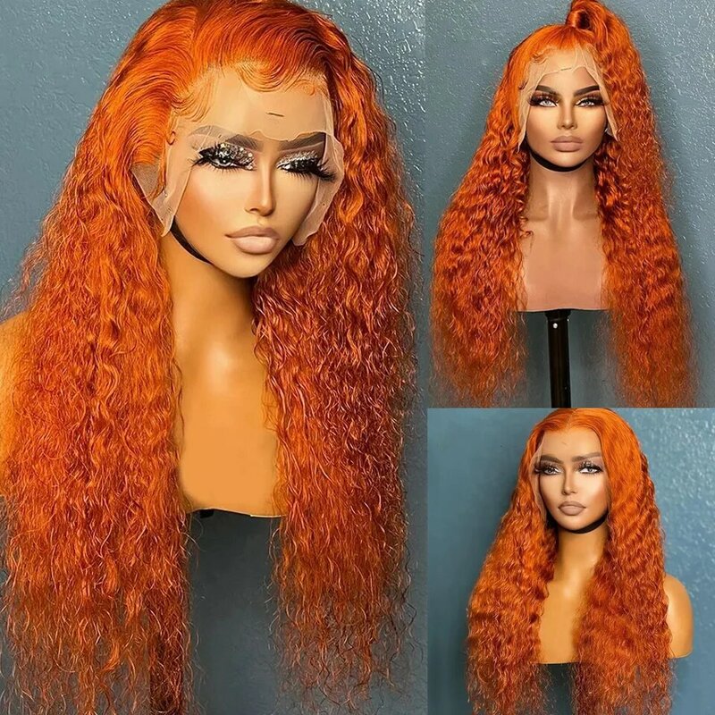 Peluca de cabello humano de 28 pulgadas para mujer, postizo de encaje con ondas profundas, Color naranja y jengibre, 13x4, 13x6, HD