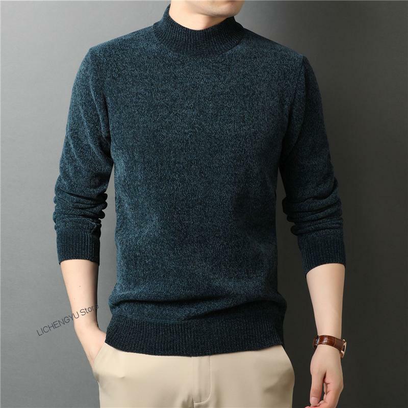 Мужской флисовый теплый свитер-водолазка, повседневный плотный пуловер из синели, брендовая одежда, зима 2022