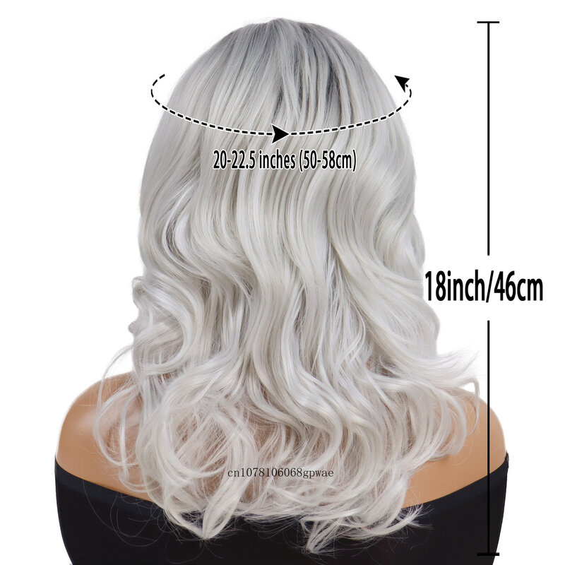 Fluffy Long Curly Synthetic Wig for Women Silver White Wigs with Bangs Dark Root Lady Mommy Daily Cosplay Party Heat Resistant