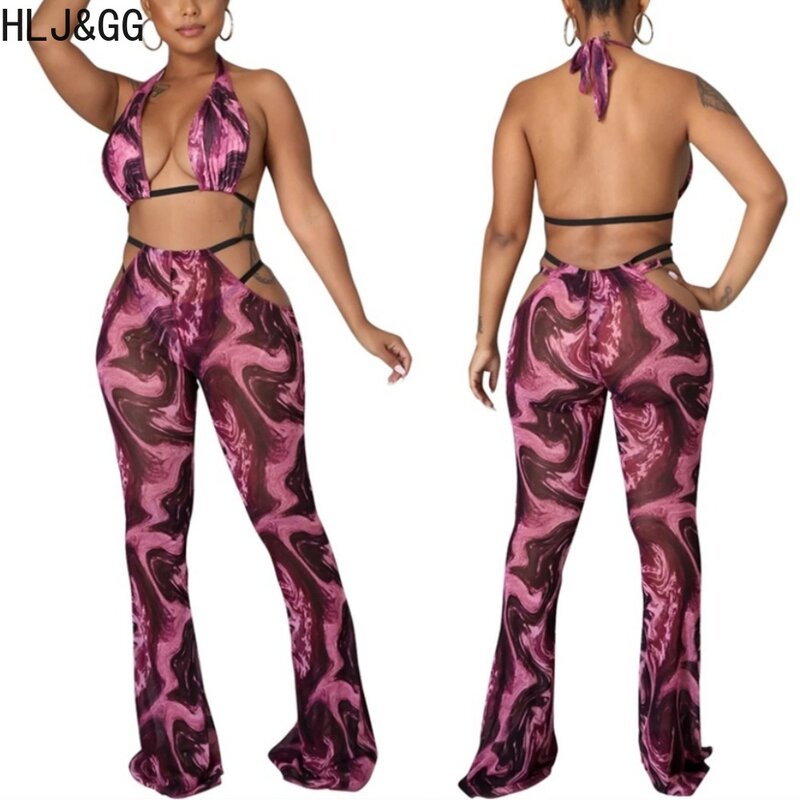 HLJ&GG Purple Sexy Printing Hollow Out Bandage Bodycon Two Piece Sets Women Deep V Halter Lace Up Bra And Skinny Pants Outfits