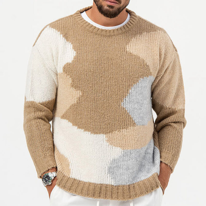 メンズ長袖セーター,カジュアルな対照的な色のニットウェア,ルーズなラウンドネック,冬に最適