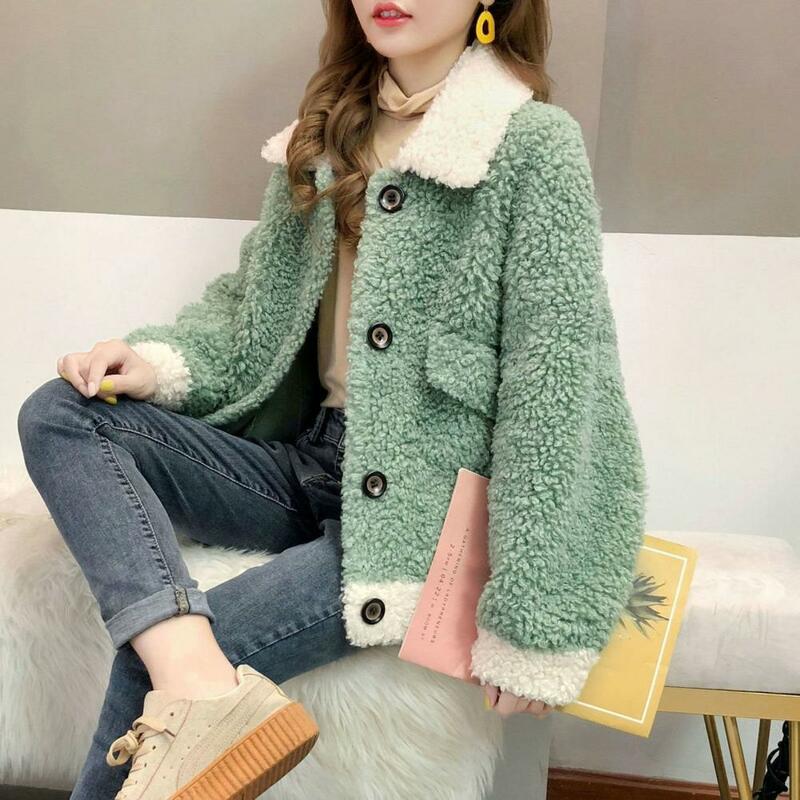 Winter Cardigan Coat Cozy Lapel Winter Coat Plush Loose Fit Cardigan Jacket with Color Matching Pockets for Women Women Winter