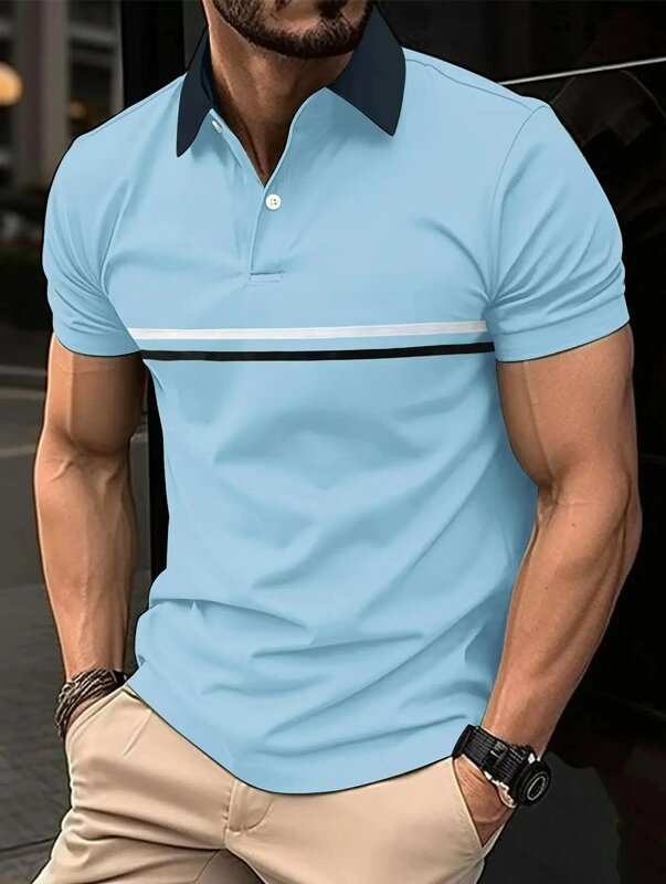 Летняя новая мужская повседневная рубашка-поло с коротким рукавом, модная офисная Футболка с воротником-стойкой, Мужская дышащая рубашка-поло, мужская одежда