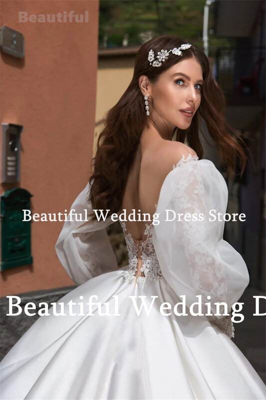 Uroczy nowy suknia ślubna dla kobiet bufiasta z długimi rękawami satynowa księżniczka o długości do podłogi seksowna suknia ślubna suknia weselna