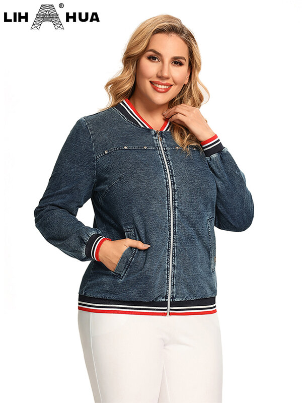 LIH HUA Women's Plus Size Denim Jacket Autumn Chic Elegant Jacket For Chubby Women Round Neck Cotton Knitted Jacket