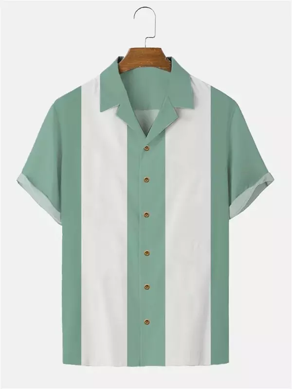 Stripes Simple Casual Dress Shirts European Size Men's Hawaiian Fashion Short Sleeve Loose Breathable Top Button Summer