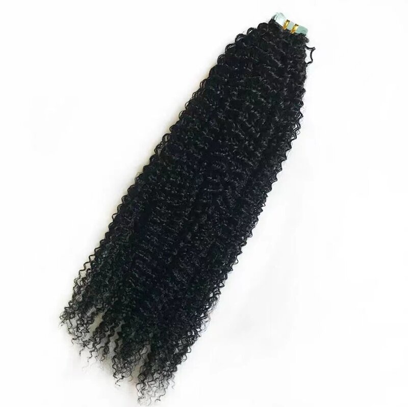 Afro plester keriting pada ekstensi rambut manusia ekstensi rambut alami Mongolia dalam lapisan dalam kulit keriting perekat rambut manusia PU Remy