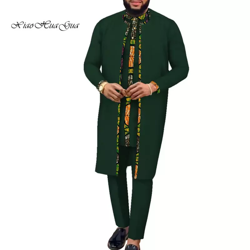 African Men Clothing Long Top Shirts and Pants Sets  African Party Clothes Bazin Riche Men 3 Pieces Sets Pants Outfits Wyn1549