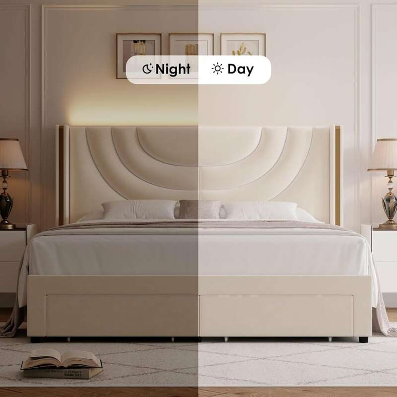 Bingkai LED berlapis kain Ukuran Queen dengan 2 laci penyimpanan, tempat tidur Platform beludru dengan tempat tidur sandaran kepala