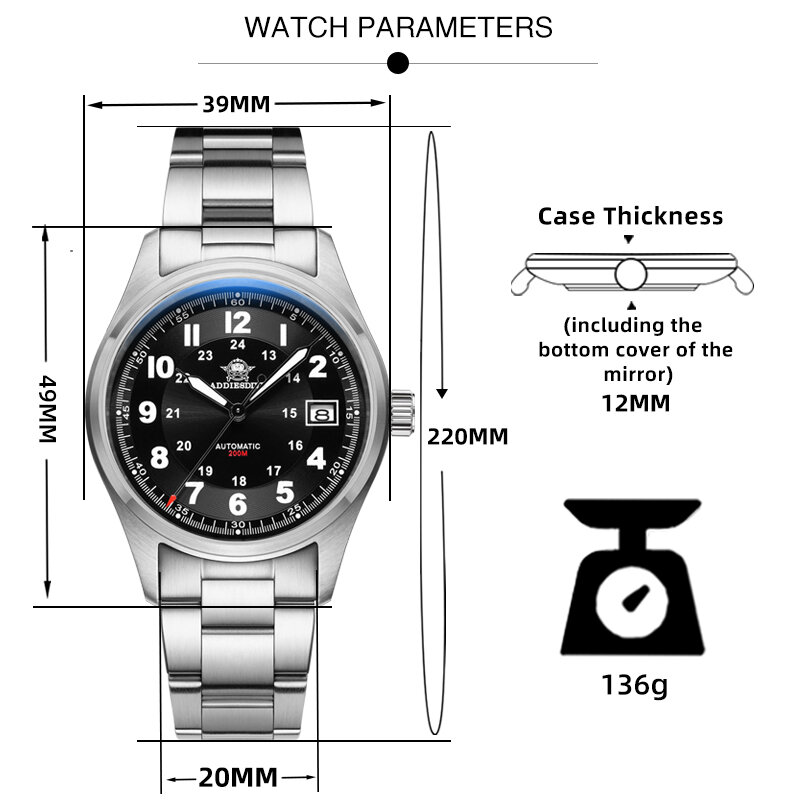 Addesdive jam tangan otomatis untuk pria, arloji mewah 39mm safir NH35 200m tahan air bercahaya berbahan baja tahan karat