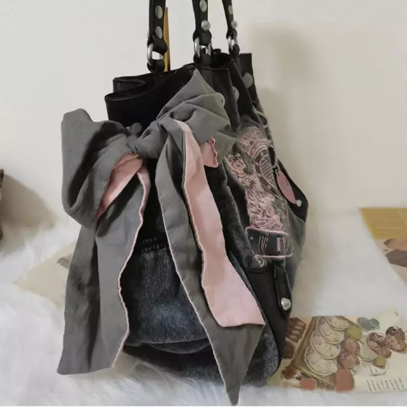Bolsa de ombro de veludo bordado vintage para mulheres, alta capacidade feminina, sacolas E-girls, bolsas de compras, chique retrô, Y2K