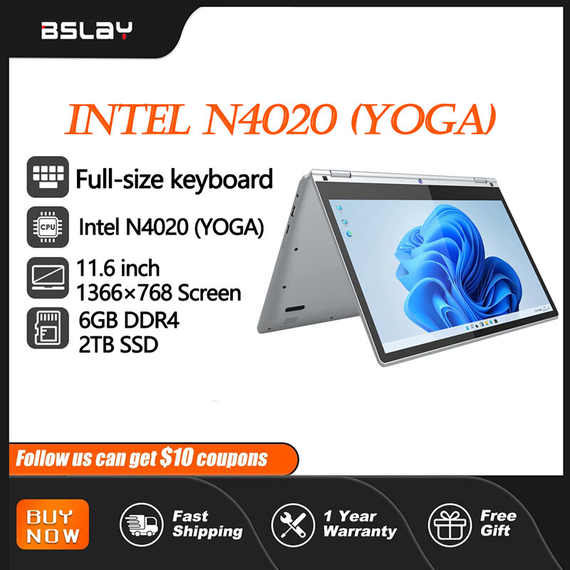 Laptop 11,6 Zoll Intel Celeron N4020 360 ° Flips HD-Kamera Touchscreens 6GB DDR4 2TB SSD 2,8 mah GHz leichtes Tablet