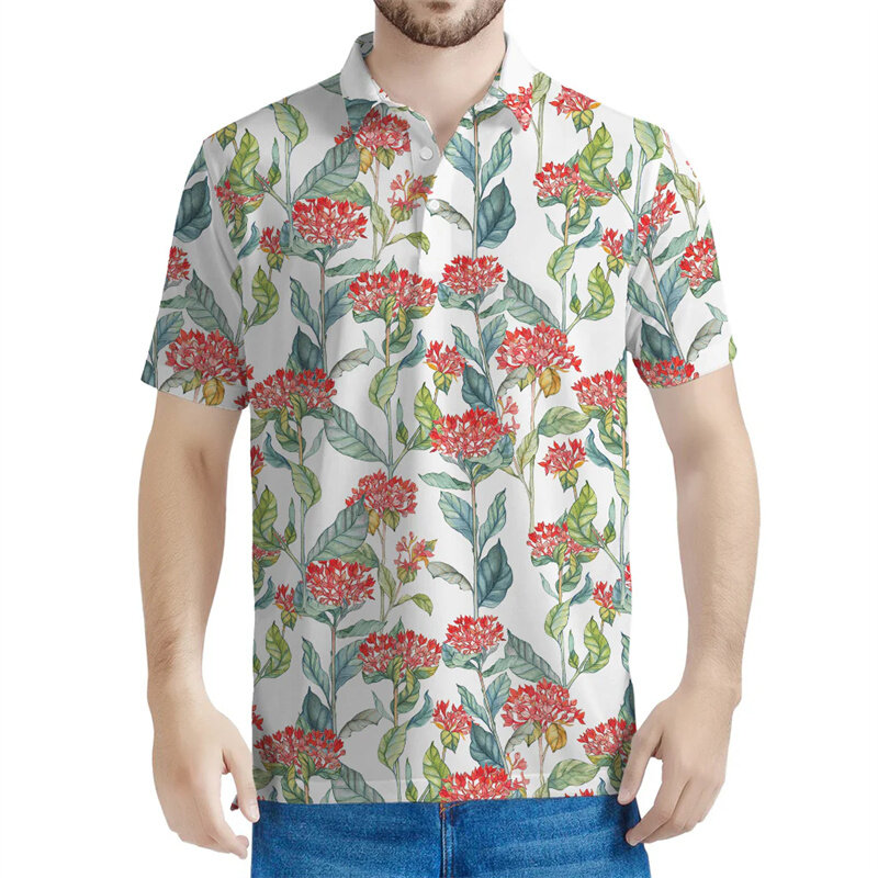 Bouvardia 식물 폴로 셔츠 남녀공용, 3D 프린트 꽃 그래픽 반팔, 캐주얼 스트리트 폴로 셔츠, 오버사이즈 티, 여름