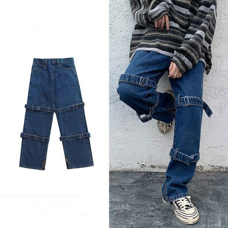 Celana jeans hip-hop pria, celana jins longgar lurus Eropa dan Amerika gaya Y2k tali kepribadian jalan hitam/biru