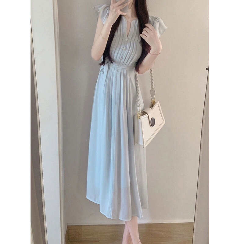 Женское шифоновое платье с коротким рукавом, повседневное Элегантное Длинное Платье на шнуровке с V-образным вырезом, одежда для отдыха, лето 2024