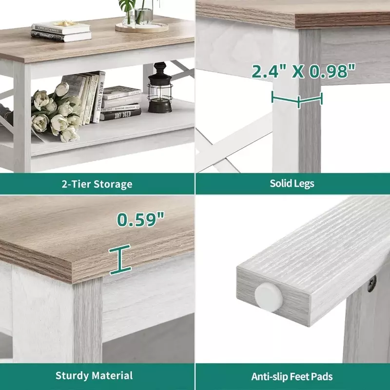 Tavolino da caffè fattoria moderna con contenitore, tavolo da soggiorno a 2 piani tavolo da soggiorno in legno con struttura robusta, lavaggio grigio