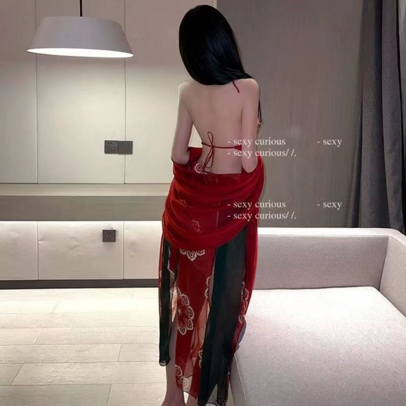 المرأة الأحمر Hanfu الملابس الداخلية الإمبراطورية تحلق الجنية موحدة الساخن شال منامة ضمادة تنورة مجموعة الملابس الداخلية الصينية التقليدية
