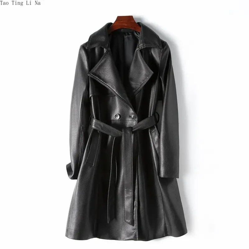 2023 Women Autumn and Winter New Genuine Sheepskin Leather Coat Lace-up Mid-Length Real Sheep Leather Windbreaker H35