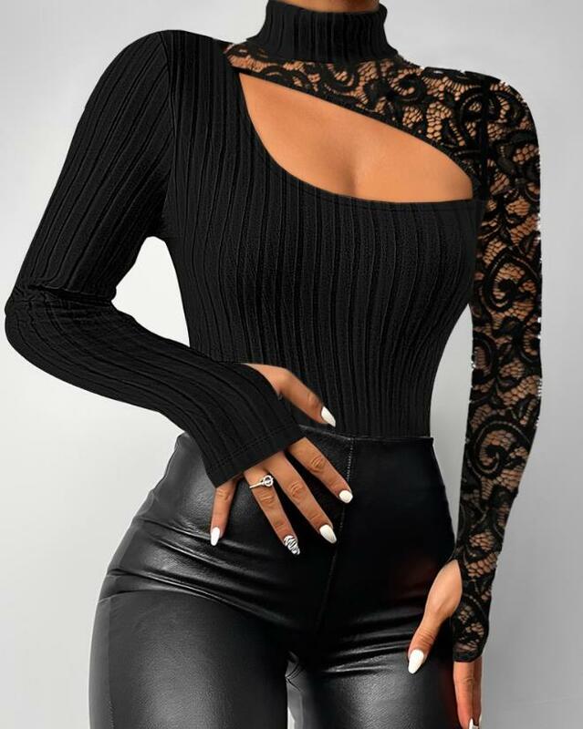 Fashion Woman Blouse 2023 Autumn New Fashion Casual Half High Collar Cutout Lace Patch Mock Neck Ribbed Top Basic Commuter