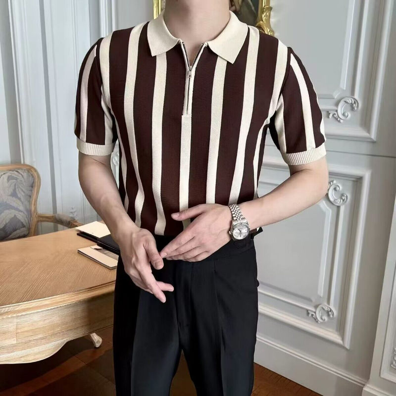 Korean Vintage Summer Short Sleeve Polo Shirt Men's Lapel Stripes Personalized Fashion Simple Patchwork Zipper Ice Silk Knit Top