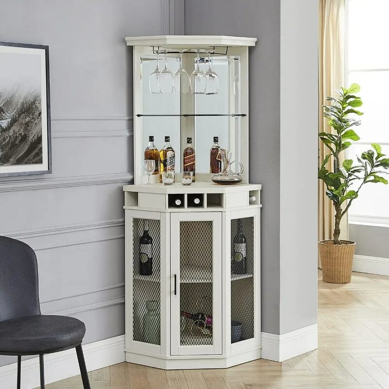 Stone Grey Corner Bar Unit 73" With Built-in Wine Rack and Lower Bar Cabinet for Liquor and Glasses | Storage Shelf