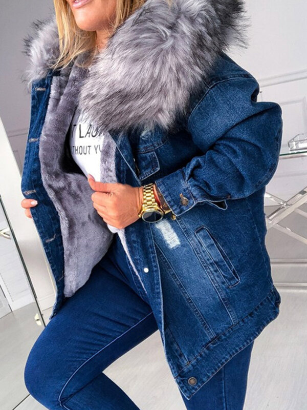 Women's Denim Jacket Warm Faux Fur Oversized Outerwear Hooded Female Clothing For Autumn Winter Button Down Long Sleeve Coat