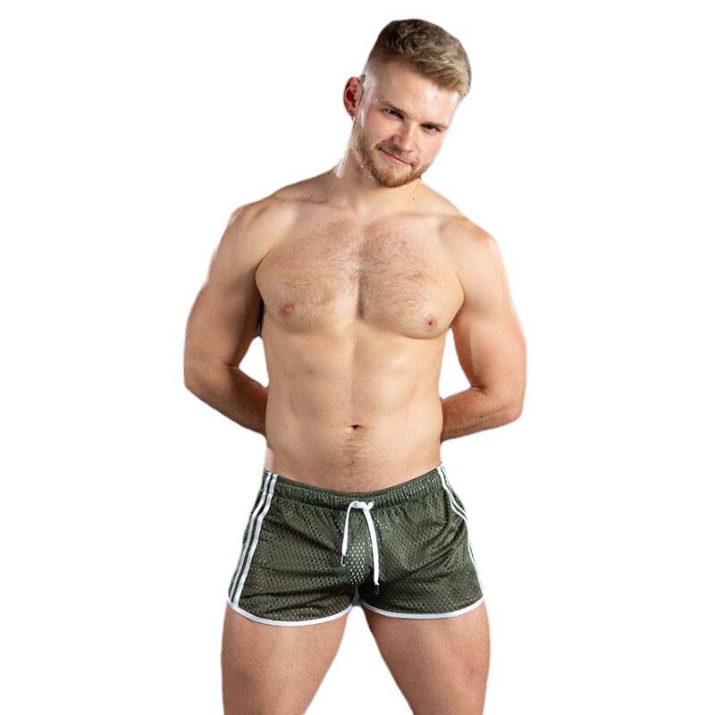 Celana pendek papan jaring tanpa selangkangan pria seksi Gym celana dalam selangkangan terbuka Gay ritsleting ganda sejuk celana pantai erotis pakaian renang otot