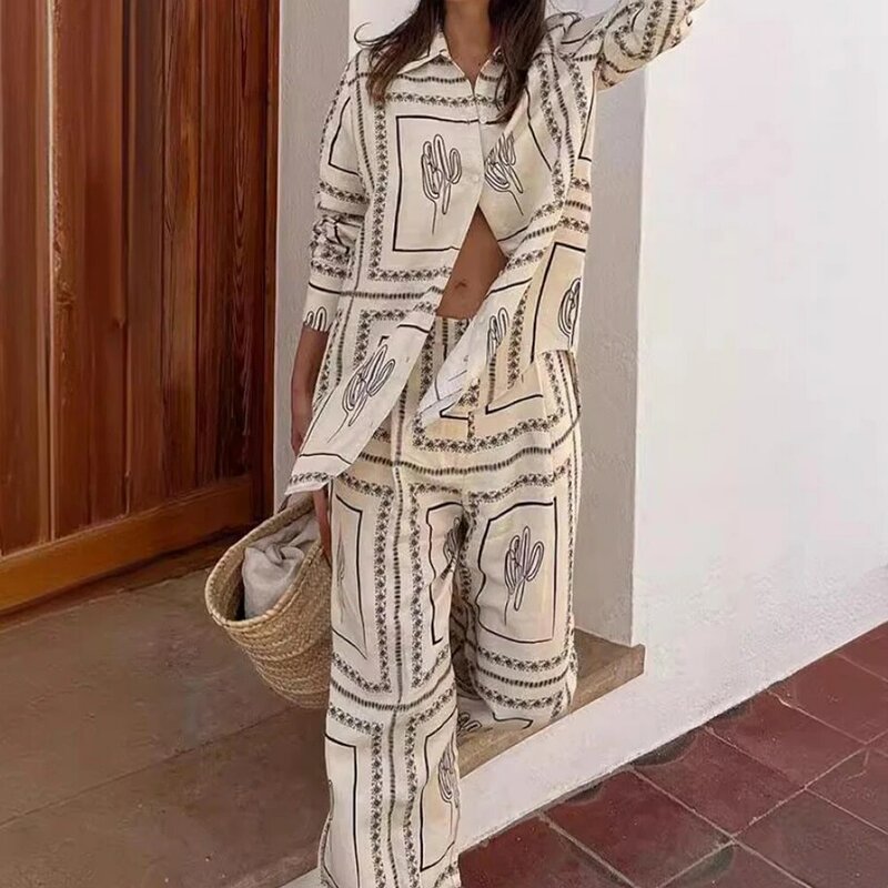 Casual Printed Long Sleeve Two Piece Set Lapel Collar Button Long Sleeve Shirt Comfortable Pant Fashion Womens Pajamas Set