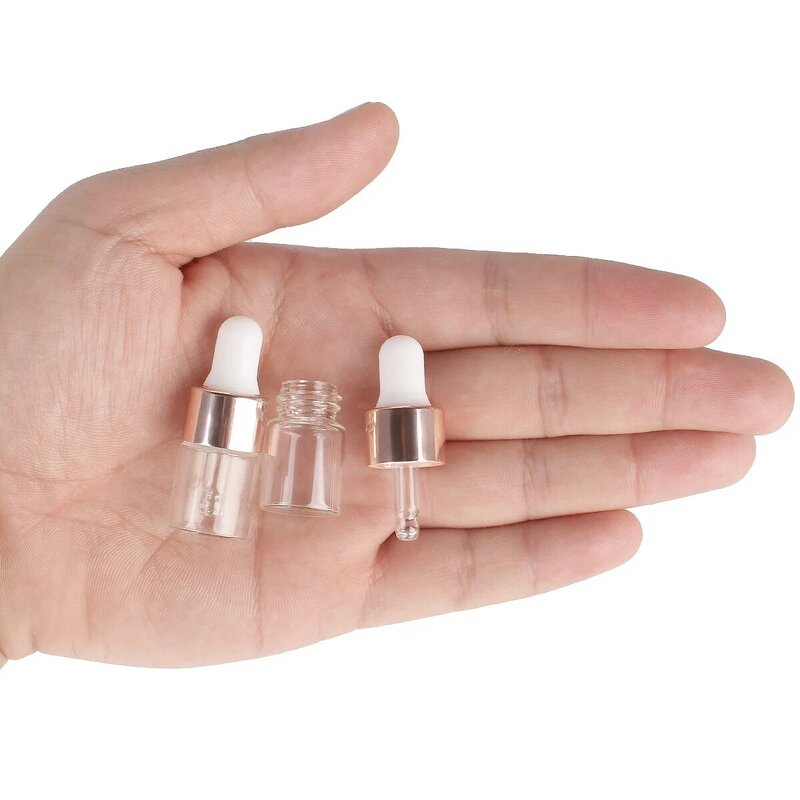Mini botella transparente con cuentagotas de vidrio, frasco para aceite esencial, aromaterapia, líquido, 20/50/100 piezas, 1ml/2ml/3ml/5ml