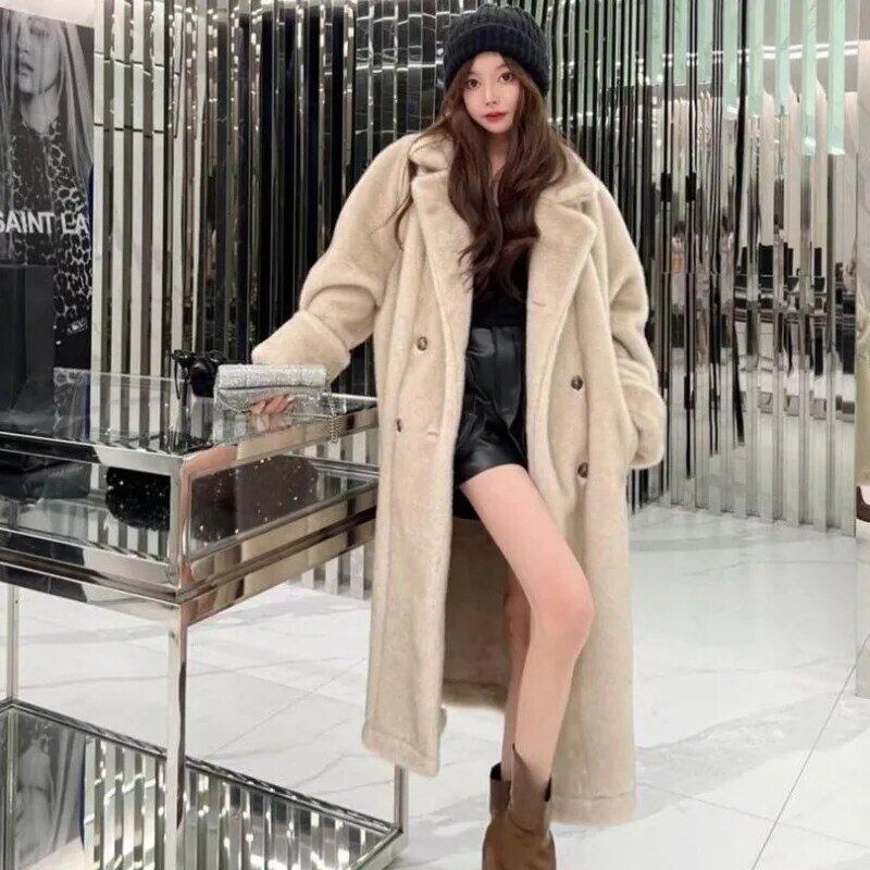 Imitazione pelliccia di visone soprabito donna inverno addensare termico doppio petto cappotto di pelliccia sintetica lungo sottile moda Casual Outwear 2023 nuovo