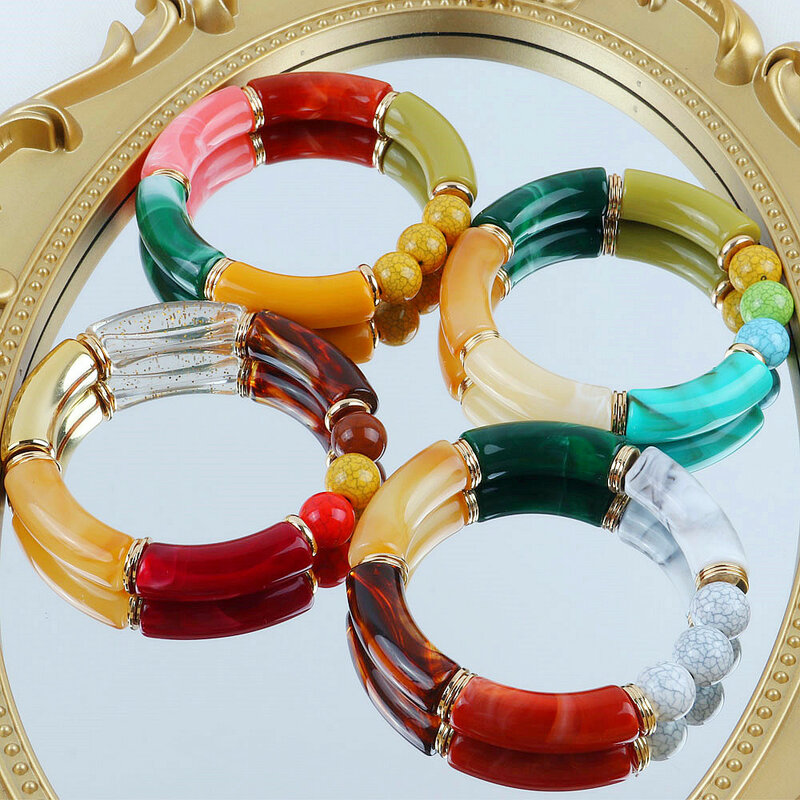 Fishsheep Nieuwe Kleurrijke Acryl Bamboe Armbanden Voor Vrouwen Stretch Resin Kralen Elleboog Manchet Charm Armbanden & Bangles Y2K Sieraden