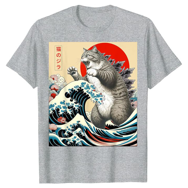 Camiseta de arte japonés de Catzilla para hombres, mujeres y niños, trajes gráficos de gatito humorístico, lindo amante de los gatitos, camiseta que dice