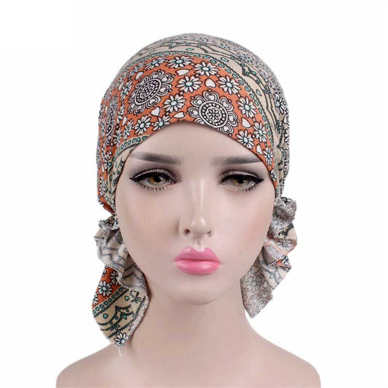 2021 New Fashion Print Woman Turban Hat Soft Elastic Flowers Lady Muslim Headdress Wrap Head Scarf Hijab Caps Turbante Female