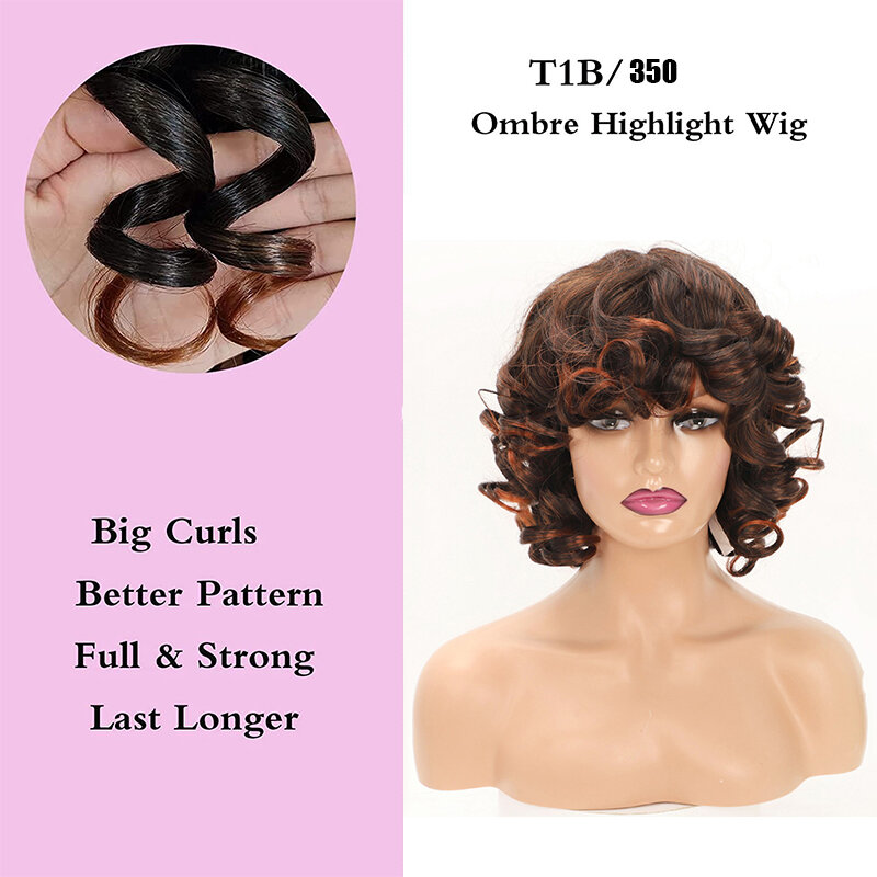 Short Big Bouncy Curly Wig with Bangs Ombre Brown Synthetic Loose Wave Wigs for Women Cosplay Heat Resistant Fiber Hair Wig